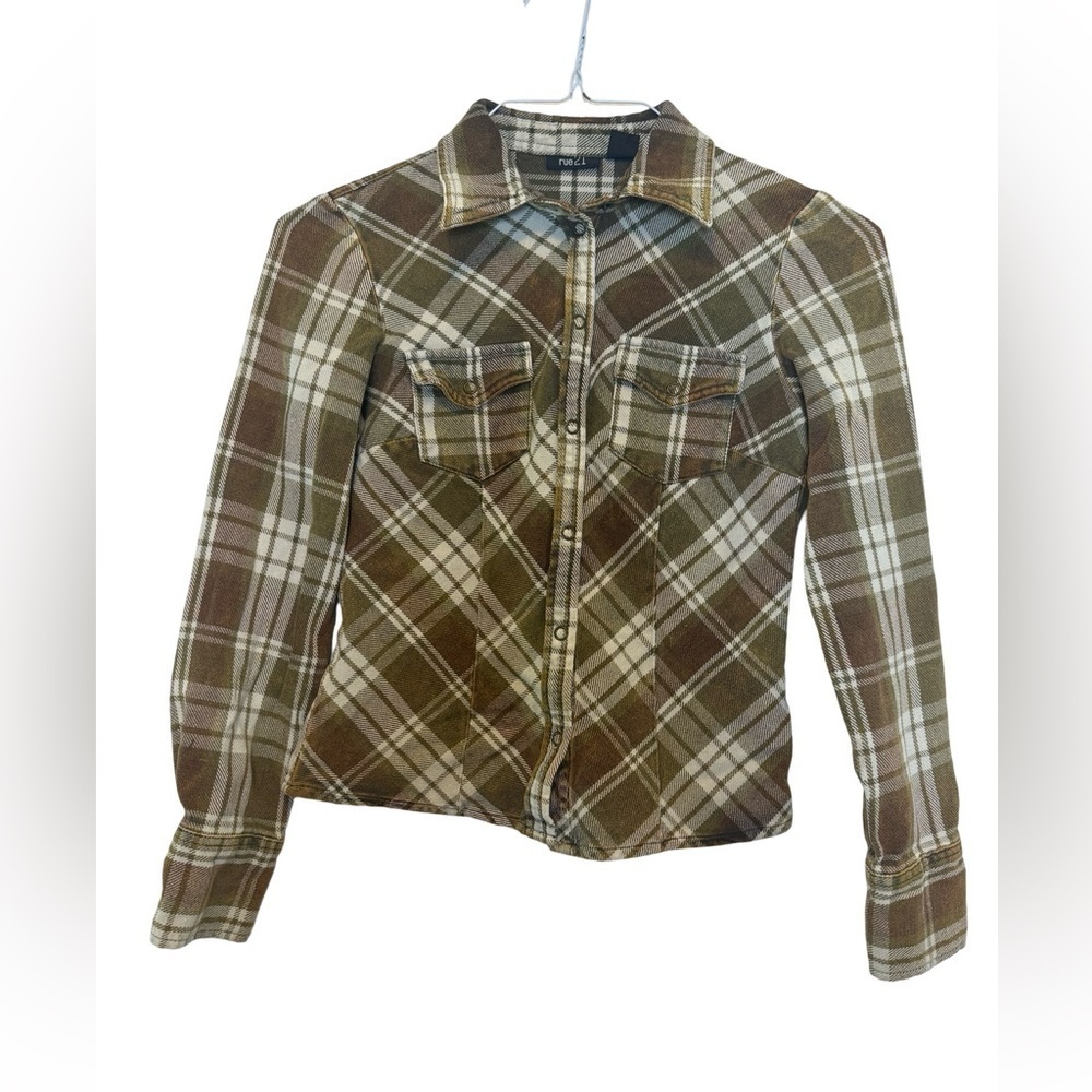 rue 21 Plaid Flannel Green Brown Ivory Plaid Juniors Size Small